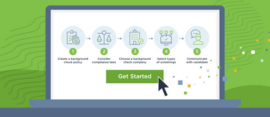 Illustration of a computer monitor showing the 5 steps employers can follow to learn how to do a background check for employment.