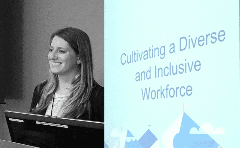 Woman speaking at a podium about diversity in the workforce