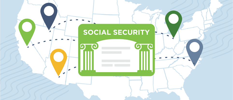 Illustration of a Social Security card over the map of the US, with pinpoints of different states associated with it.